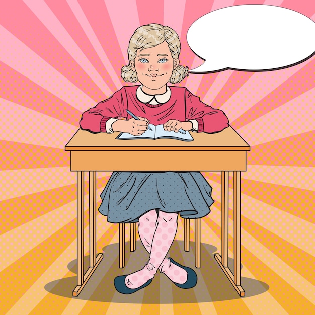 Vector schoolgirl sitting at school desk