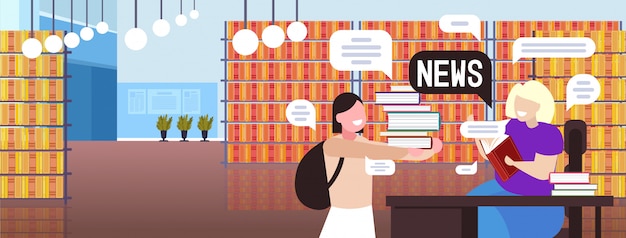 Studentessa e insegnante discutendo notizie quotidiane chat bolla concetto di comunicazione. illustrazione orizzontale del ritratto interno della biblioteca moderna