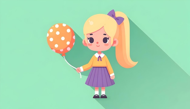 Schoolgirl with Orange Polka Dot Balloon Vector Design