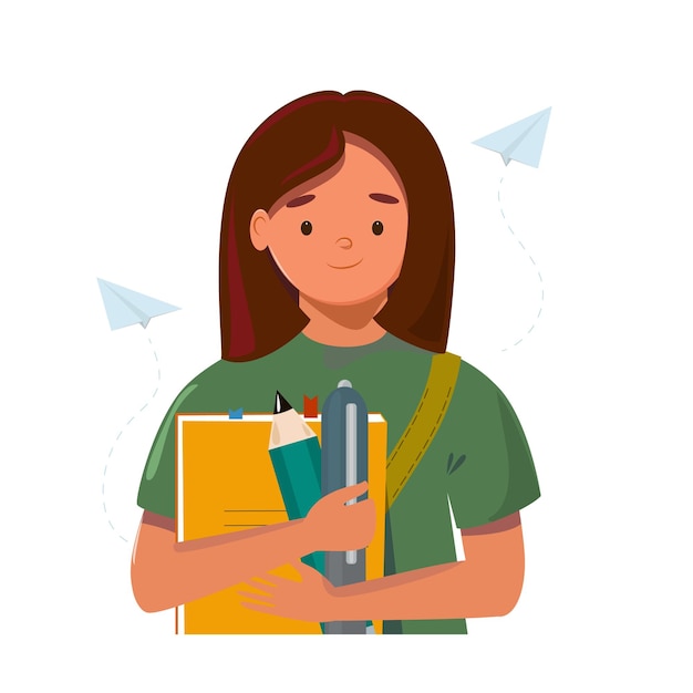 A schoolgirl with a pencil pen and notebook on a white background Vector graphics study