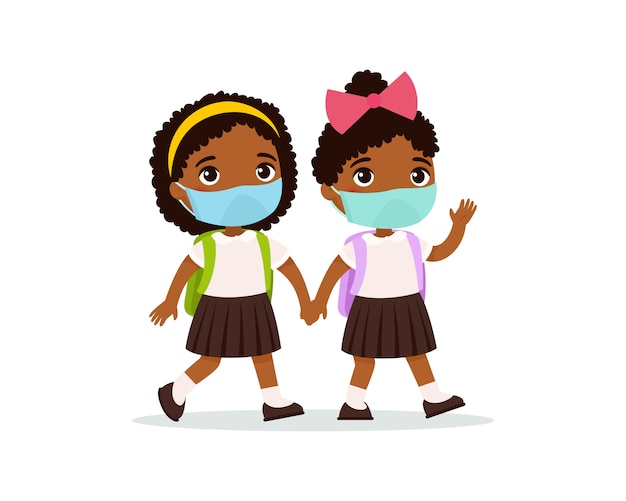 学校のフラットイラストに行く女子学生。分離された漫画のキャラクターの手を繋いでいる彼らの顔に医療マスクを持つ生徒をカップルします。褐色肌の小学生2人