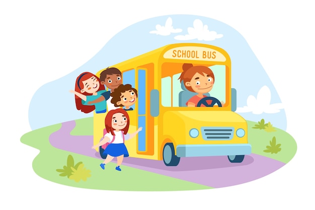 Schoolkids characters enter yellow school bus