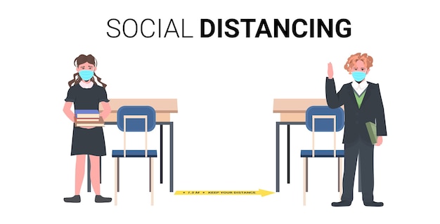 Schoolkinderen in maskers afstand houden om coronavirus pandemie sociaal afstandsconcept horizontaal te voorkomen