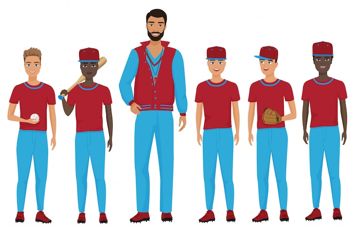 Vector schoolkinderen kinderen honkbalteam met een coach staing samen. illustratie