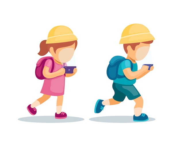 Schoolkinderen met smartphone-verslavingsproblemen cartoons instellen illustratie vector