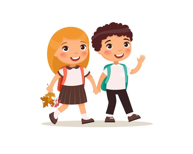 Schoolmates going to school flat vector illustration. Couple pupils in uniform holding hands isolated cartoon characters.