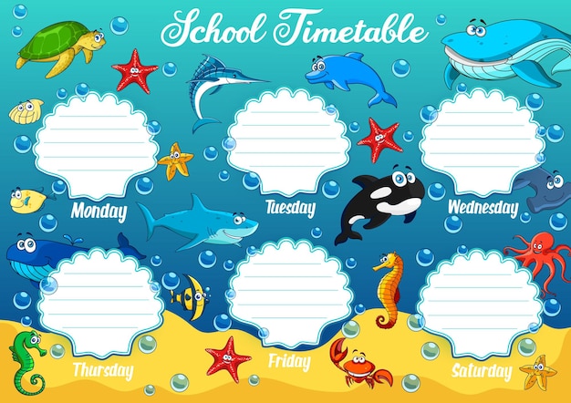 Schoolrooster met onderwater tekenfilm dieren. educatief schema met grappige schildpadden, zeesterren en haaien, zeepaardjes, walvissen en octopus. week tijdschema sjabloon met oceaandolfijn of marlijn