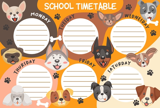 Schoolrooster schema honden en puppy's. onderwijs wekelijkse planner sjabloon met schattige stripfiguren. tijdschema voor kinderen voor lessen met frames voor klassenlijst en grappige hondenmuilkorven