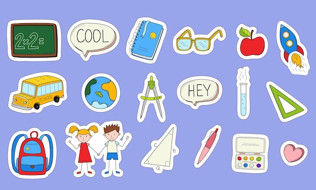 Schoolstickers met een witte omtrek Afdrukbare scrapbooking-stickerset Verzameling schoolbenodigdheden in doodle-stijl Handgekleurde elementen