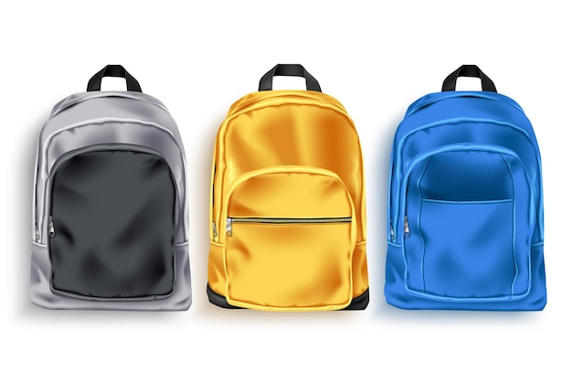 Schooltas vector set School rugzak en bagage 3D-collectie in grijs gele en blauwe kleur