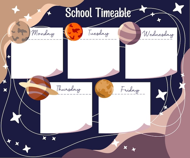 schooltijdschema met schattige cartoon-stijl kosmische ruimtemelkwegachtergrond