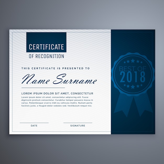 Vector schoon blauw certificaat van waardering sjabloonontwerp