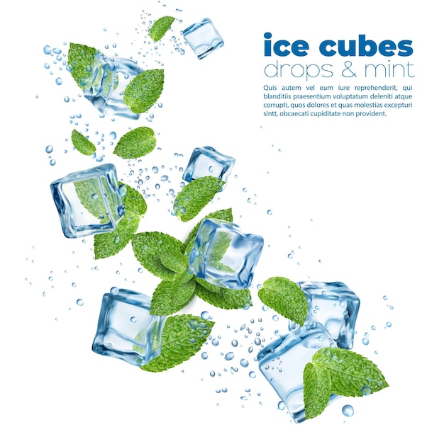 Schoon water ijskristalblokjes met muntblaadjes en bubbels Menthol koele munt pepermunt groene munt mojito of limonade drankje golf splash en 3D-geïsoleerde realistische vector vallende frizen kubussen