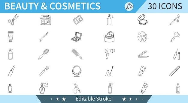 Schoonheid en cosmetica lijn iconen set make-up haarverzorging salon artikelen en meer