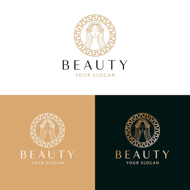 Schoonheid en cosmetica logo-ontwerp Mooie vrouw staand vector logotype Boheems vrouwelijk logo