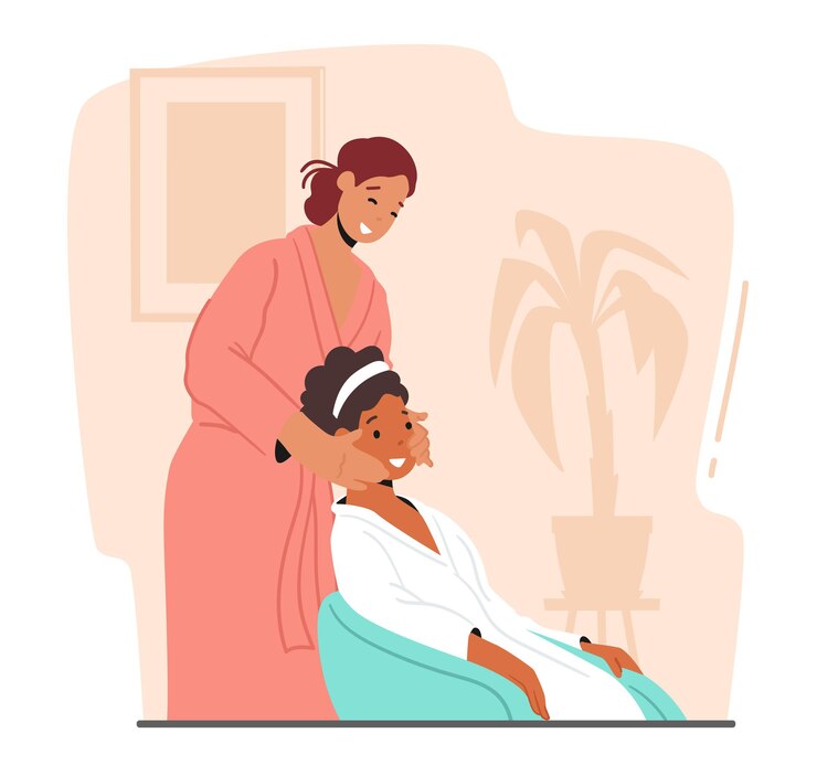 Vector schoonheid, huidverzorging, wellnessbehandeling. vrouwelijk karakter die gezichtsprocedure thuis toepast. vriendin verwerking vrouw gezicht met natuurlijke cosmetica, cosmetologie. cartoon mensen vectorillustratie