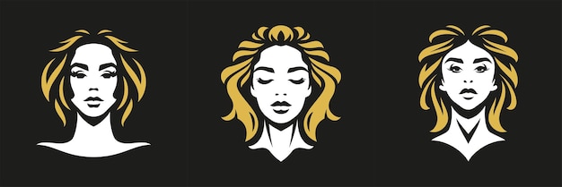 Schoonheid jonge vrouw portret kapsel silhouet minimalistisch logo huidverzorging cosmetische set vector plat