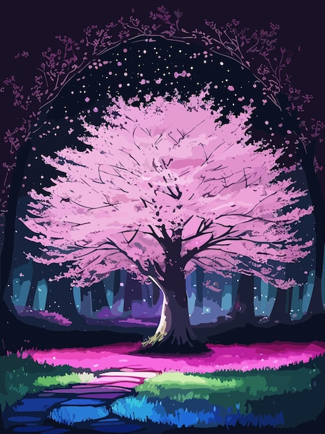Vector schoonheid paarse natuur uitzicht in de nacht behang kunstwerk illustratie