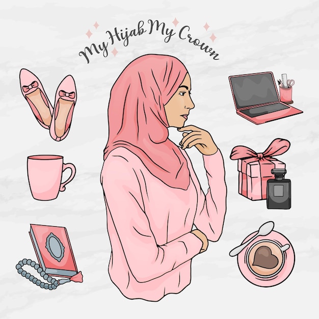 Vector schoonheid vrouw hijab meisje sticker element objecten set sjabloon