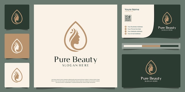 Schoonheid vrouwen gezicht combineren druppeltjes logo-ontwerp en visitekaartje. Symbool voor schoonheidssalon, spa.