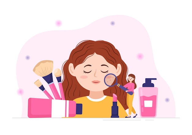 Schoonheids- en make-upschool met cosmetische producten voor mooie meisjes die make-up toepassen in illustratie