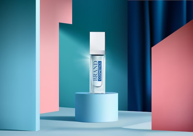 Vector schoonheidsproducten advertentie op het podium met blauwe podium abstracte achtergrond en blauw gordijn