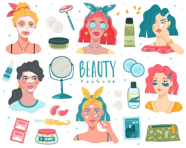 Vector schoonheidsroutine vrouwen jonge meisjes worden geconfronteerd met huidverzorgende biologische cosmetische producten meisje portretten met gezichtsmaskers crèmes en verzorgingsproducten home lichaamsverzorging procedures vector cartoon set