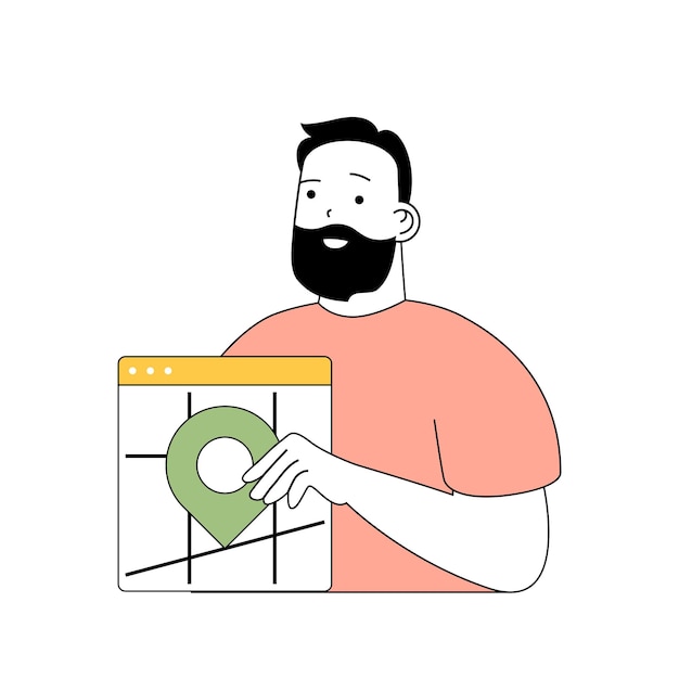 Schoonheidssalon concept met cartoon mensen in plat ontwerp voor web Man werkt als kapper en geeft locatiestudio-adres op kaart Vectorillustratie voor sociale media banner marketingmateriaal