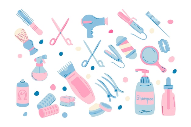 Schoonheidssalon en haarstylist Items Object Eenvoudig plat ontwerp Handgetekende illustratieset