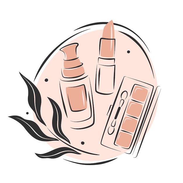 Schoonheidssalon logo. Make-up tools, cosmetische penselen, lippenstift, blush, huidcrème.
