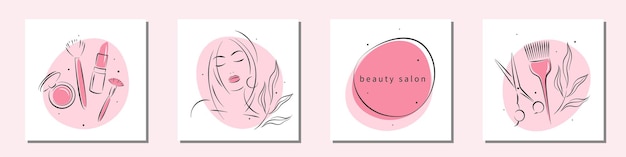 Schoonheidssalon logo set. Make-up en kapper. Mooi vrouwengezicht, lippenstift, rouge