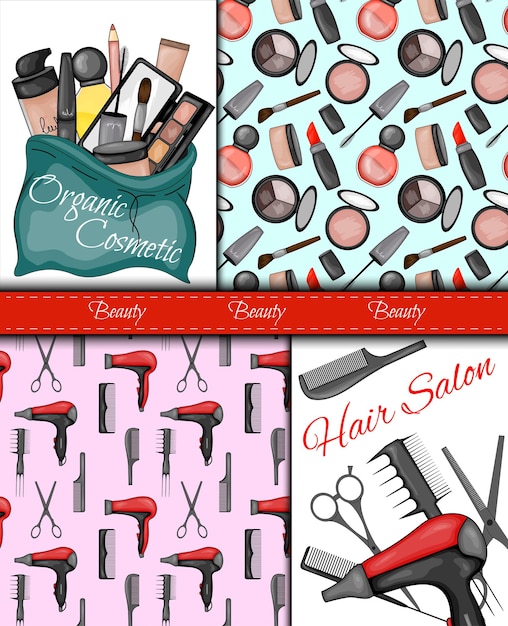 Schoonheidssalon manicure make-up kappers poster flyer sjabloonontwerp mode vrouw accessoire illustratie pictogram logo set geïsoleerde vector op witte achtergrond