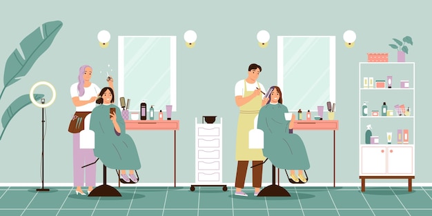 Vector schoonheidssalon service achtergrond met kapper symbolen platte vectorillustratie