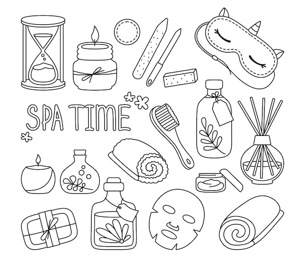 Schoonheidssalon spa thuis ontspanning doodle set aromatische kaars crème masker lichaamsverzorging me tijd concept