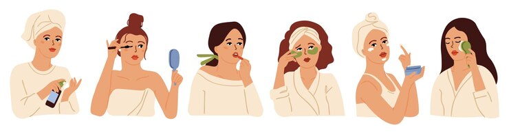Vector schoonheidsverzorgingsroutine. cartoon gezicht schoon, meisje koreaanse cosmetica. vrouw gezonde huid, dame gezicht met patches crème swanky lotion vector set. illustratie zorg meisje gezicht, routine karakter schone cosmetica