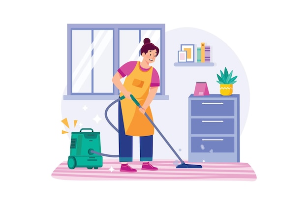 Schoonmaak werknemer schoonmaak vloer met de stofzuiger