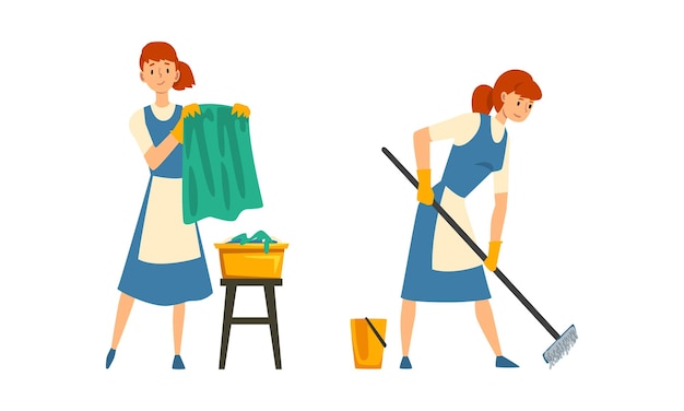 Schoonmaakdienst met vrouw in schort Werken vloer vegen en wassen Vector set