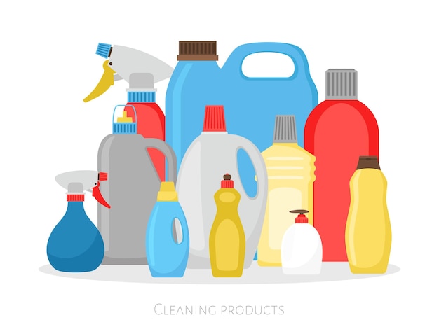 Vector schoonmaakproducten flessen. geïsoleerde plastic verpakkingsset, wasmiddel schonere huishoudelijke voorwerpen