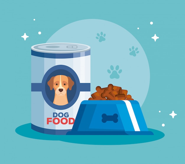 Schotel en blik voedsel voor ontwerp van de hond het vectorillustratie