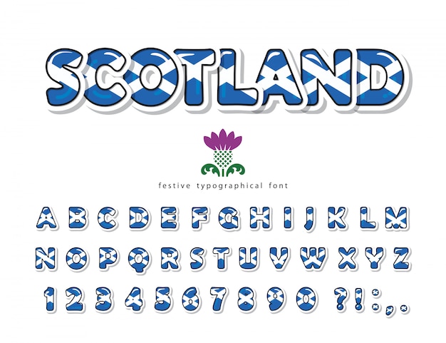 Vector schotland lettertype. schotse nationale vlagkleuren.