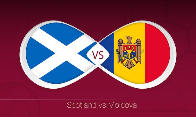 Schotland vs Moldavië in voetbalcompetitie, groep F. Versus pictogram op voetbal achtergrond.