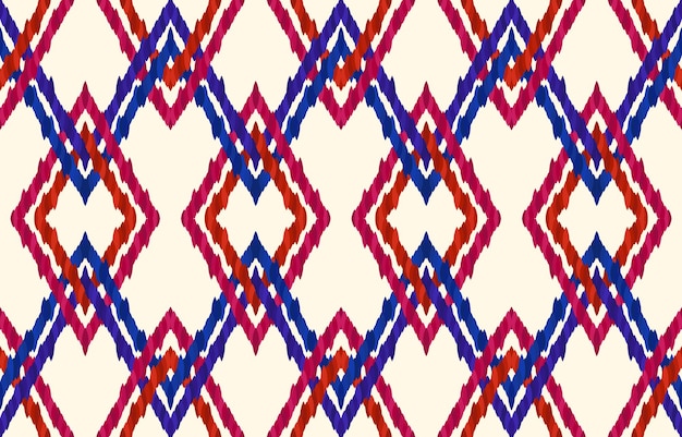 Schotse argyle stof ikat patronen. Rood blauwe kleur op crème achtergrond. Geometrische vintage retro.