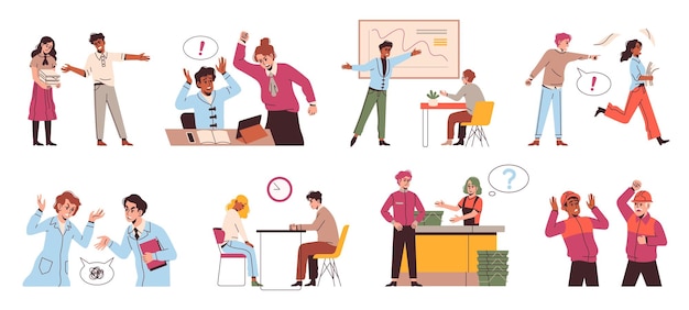 Schreeuw boos baas werkplek misbruik negatieve agressieve emotie bang zakelijk werknemer onbeleefd schelden baas gestrest kantoorpersoneel slechte baan bedrijfsproblemen concept vector cartoon plat geïsoleerde set