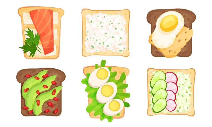 Vector schrijf en bruin brood toast met verschillende toppings vector geïllustreerde set top view van smakelijke sandwiches geïsoleerd op witte achtergrond