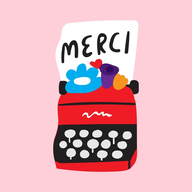 Schrijfmachine met woord Merci Vector illustratie op roze achtergrond
