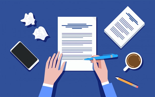 Schrijver die op document bladillustratie schrijft
