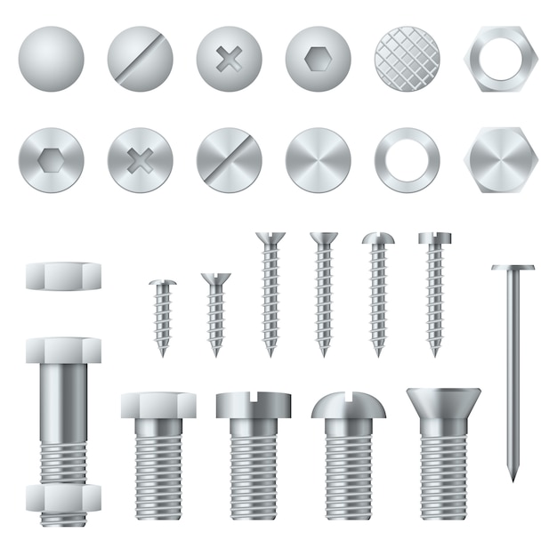 Vector schroeven, bouten, moeren, spijkers en klinknagels realistisch