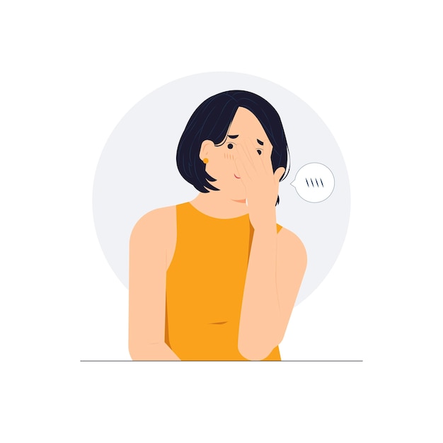 Schuchtere beschaamde vrouw die zich verstopt terwijl ze het gezicht bedekt met handen en gluurt door verlegenheid en schaamte, verlegen concept illustratie