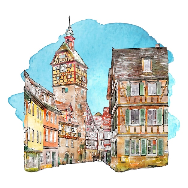 Schwabisch hall germany watercolor hand drawn illustration isolated on white background