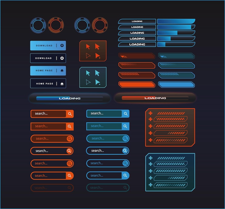 Vector sci fi futuristic ui elements set vector icons buttons loading progress bar mouse arrows